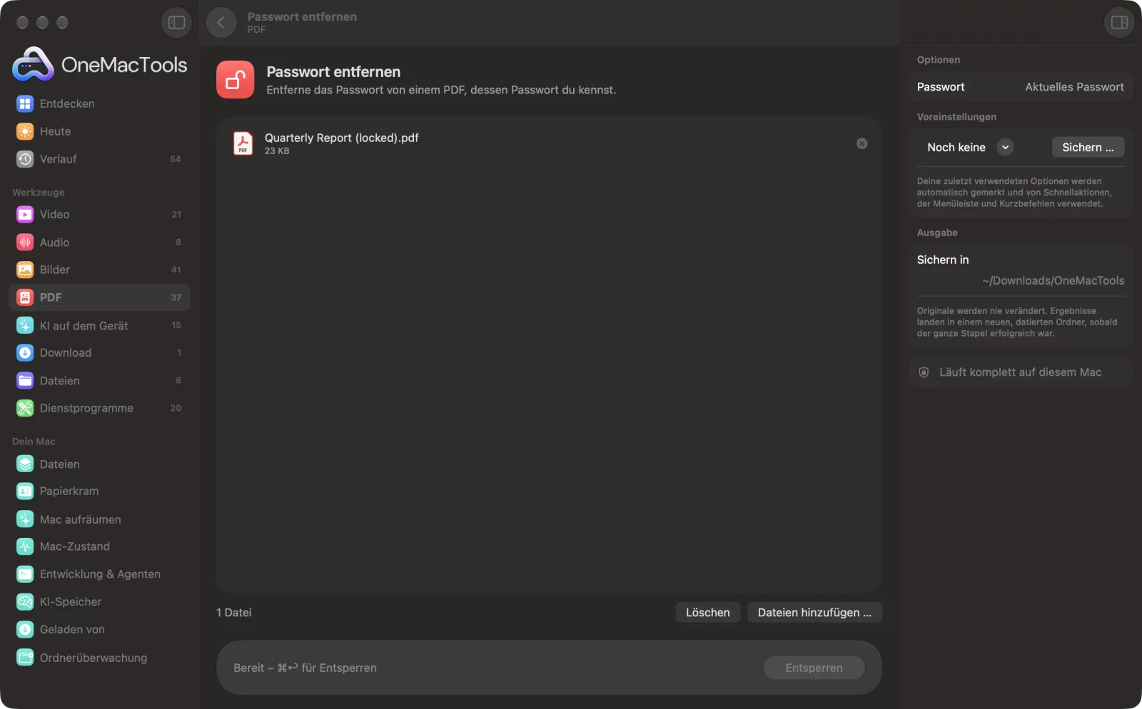 Passwort entfernen in OneMacTools auf einem Mac, mit Beispieldateien und seinen Optionen
