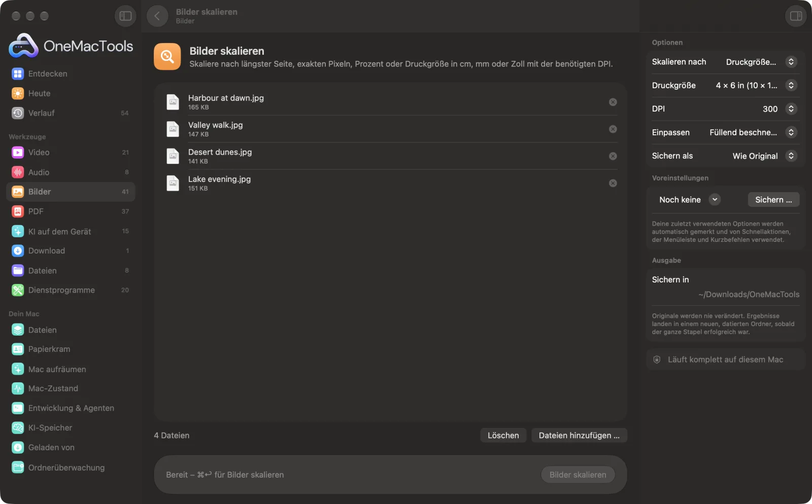 Bilder skalieren in OneMacTools auf einem Mac, mit Beispieldateien und seinen Optionen