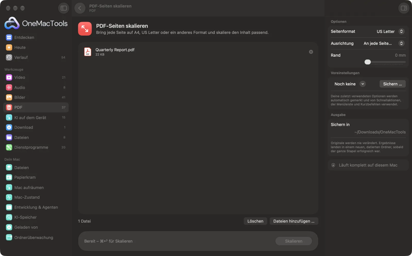 PDF-Seiten skalieren in OneMacTools auf einem Mac, mit Beispieldateien und seinen Optionen