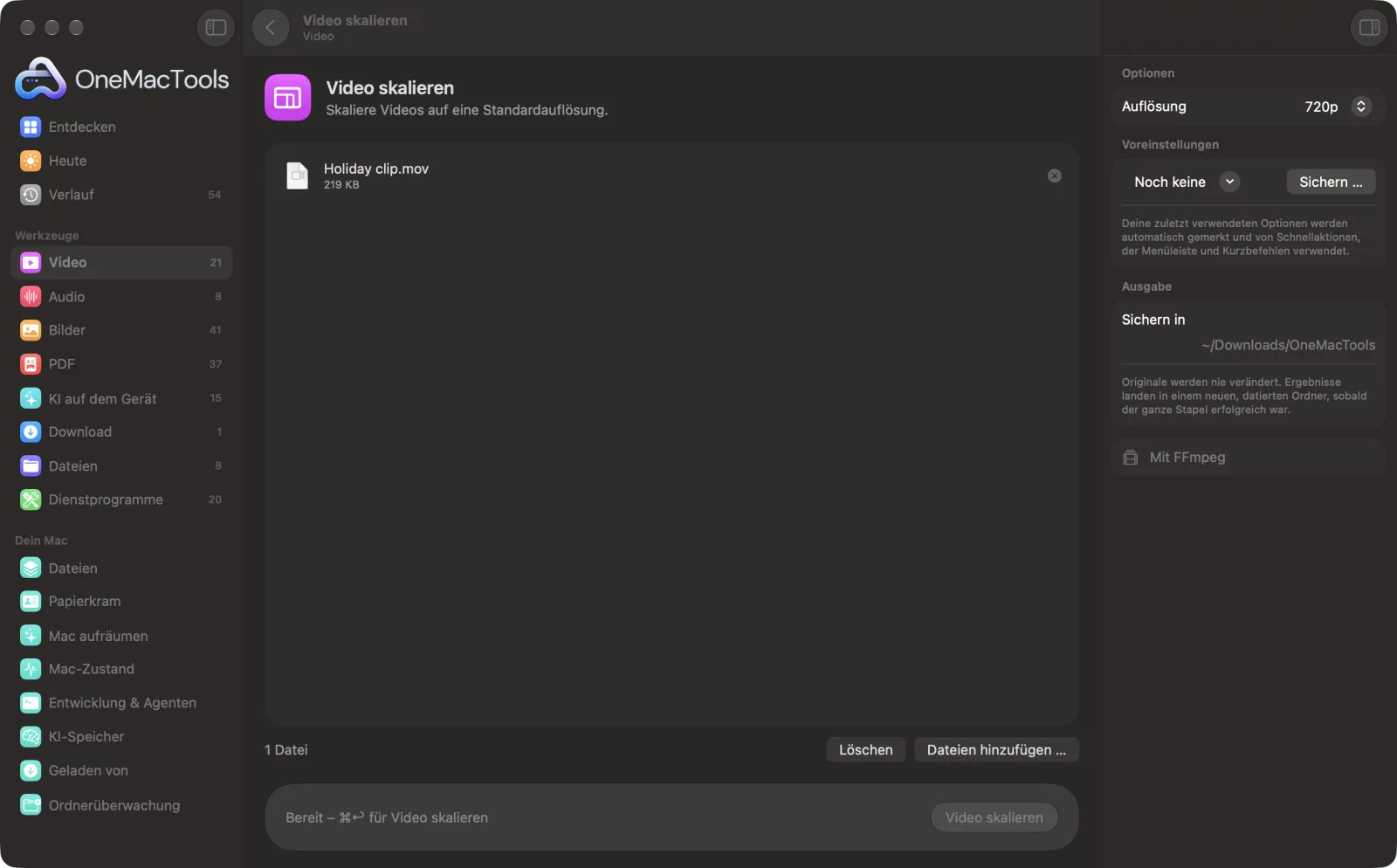Video skalieren in OneMacTools auf einem Mac, mit Beispieldateien und seinen Optionen