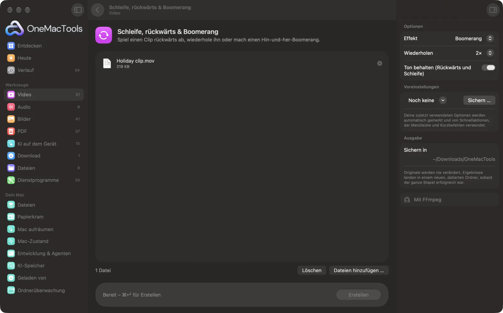 Schleife, rückwärts & Boomerang in OneMacTools auf einem Mac, mit Beispieldateien und seinen Optionen