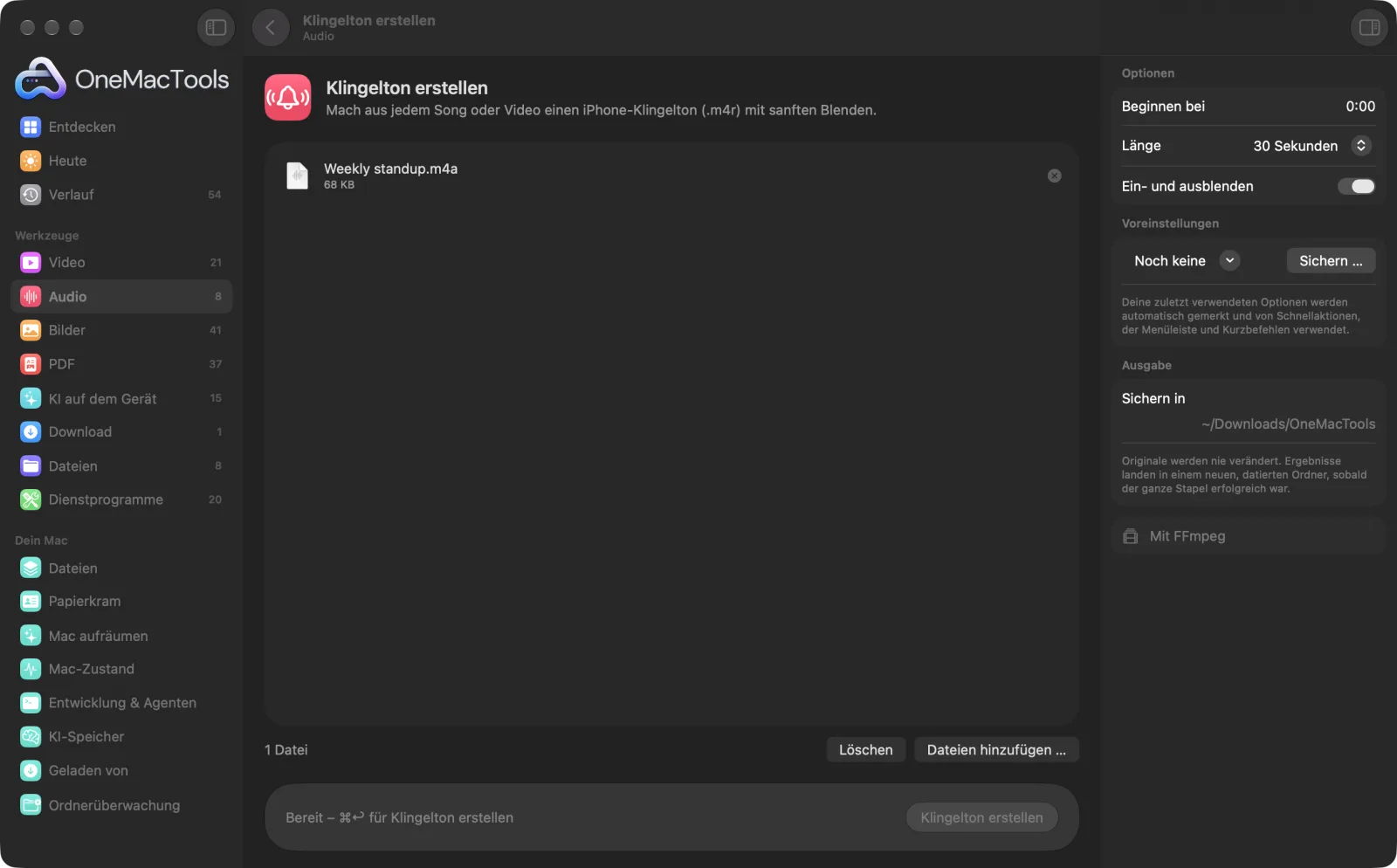 Klingelton erstellen in OneMacTools auf einem Mac, mit Beispieldateien und seinen Optionen