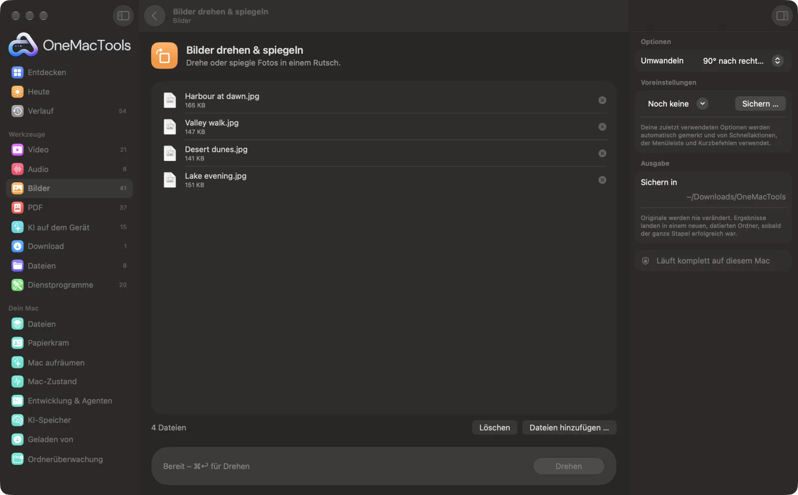 Bilder drehen & spiegeln in OneMacTools auf einem Mac, mit Beispieldateien und seinen Optionen