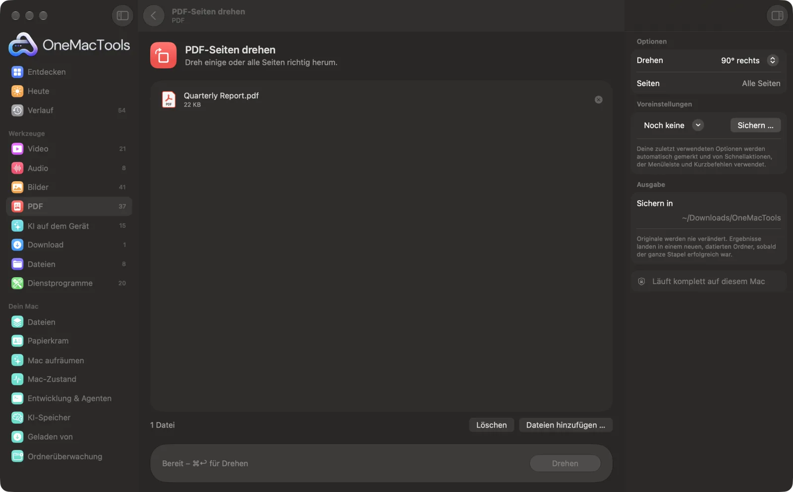 PDF-Seiten drehen in OneMacTools auf einem Mac, mit Beispieldateien und seinen Optionen