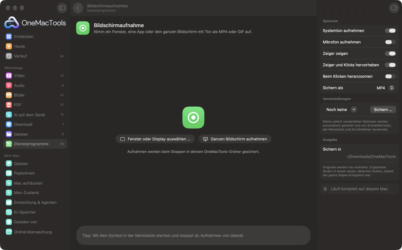 Bildschirmaufnahme in OneMacTools mit geladenen Beispieldateien und geöffnetem Optionsbereich