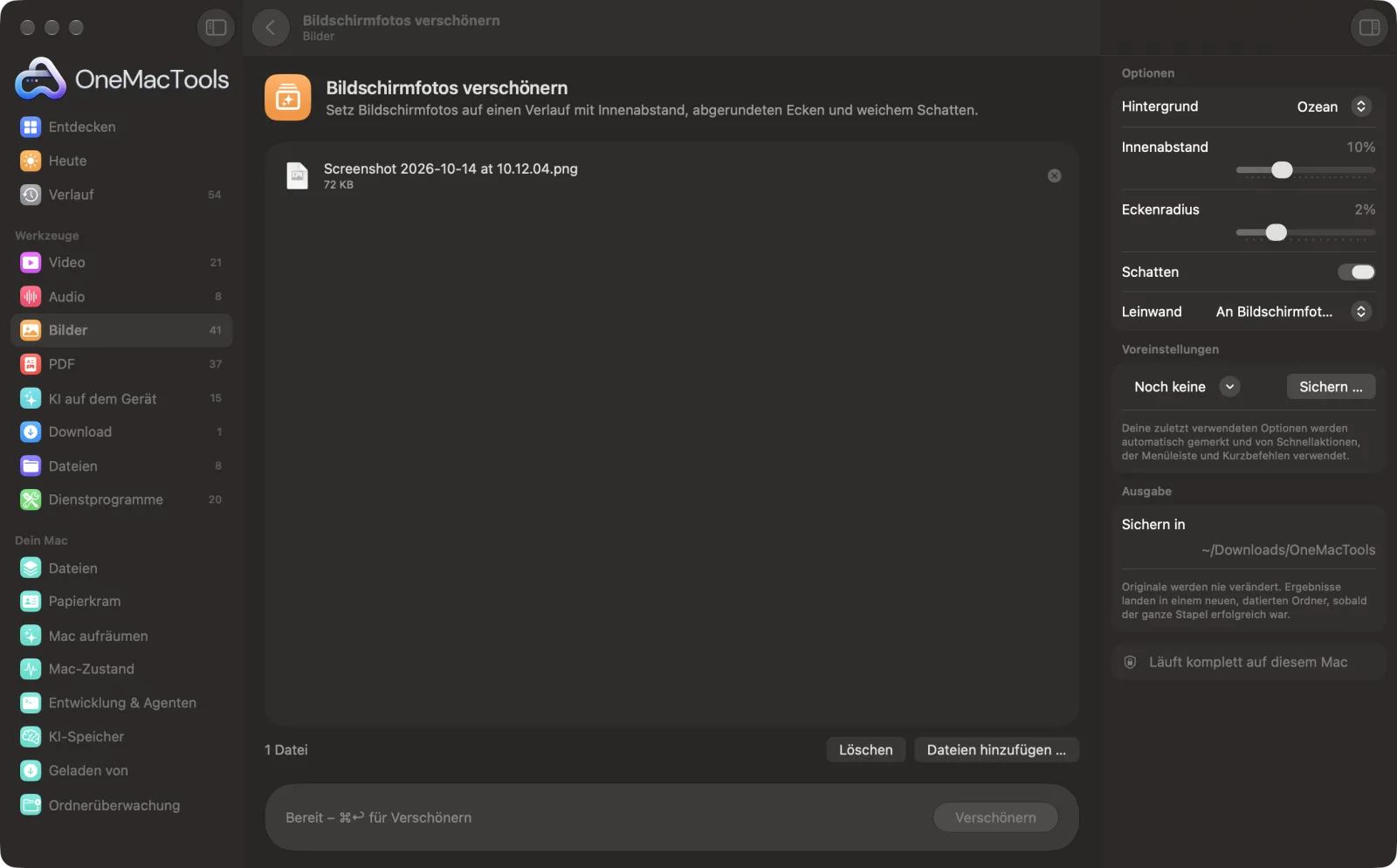 Bildschirmfotos verschönern in OneMacTools auf einem Mac, mit Beispieldateien und seinen Optionen