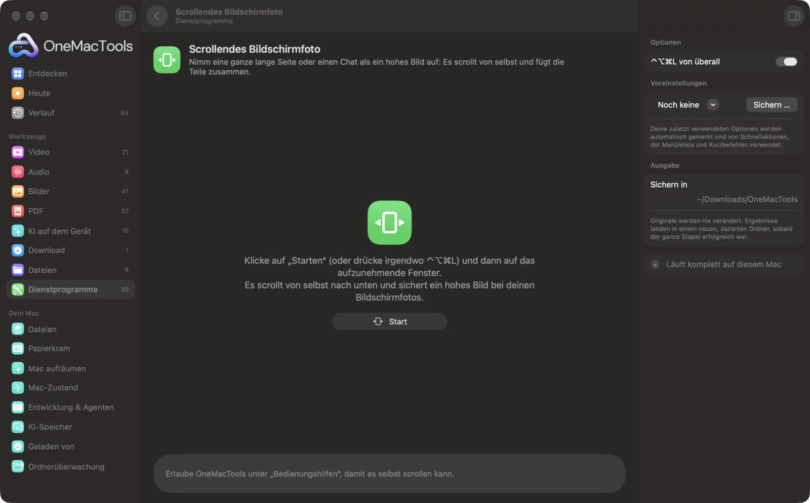 Scrollendes Bildschirmfoto in OneMacTools auf einem Mac, mit Beispieldateien und seinen Optionen