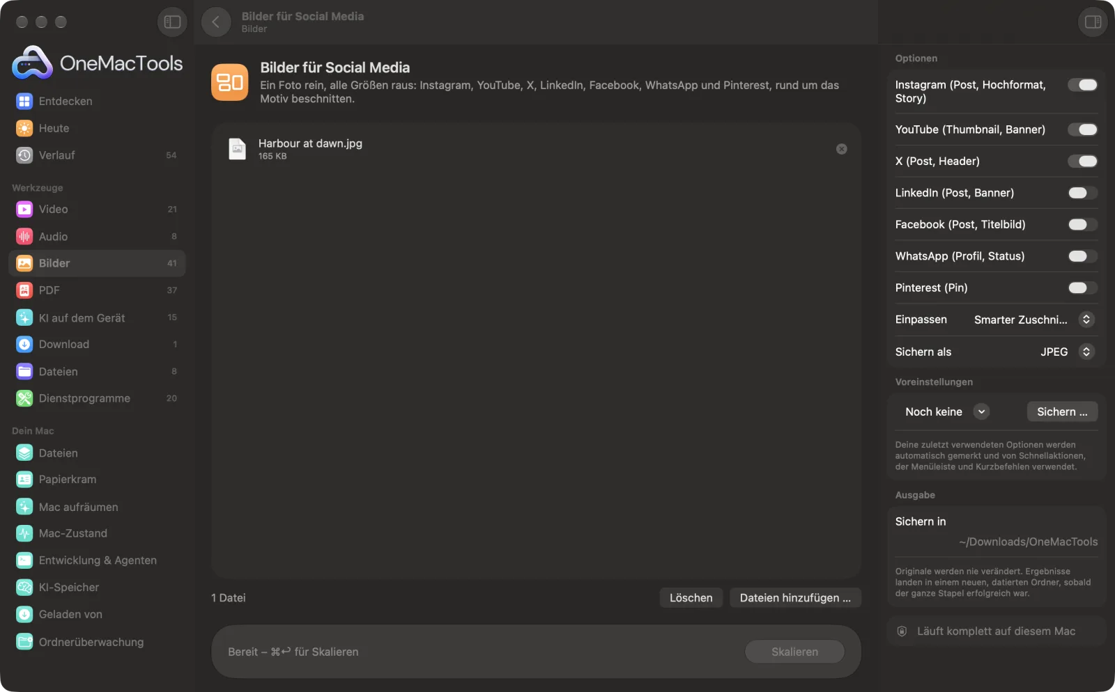 Bilder für Social Media in OneMacTools auf einem Mac, mit Beispieldateien und seinen Optionen