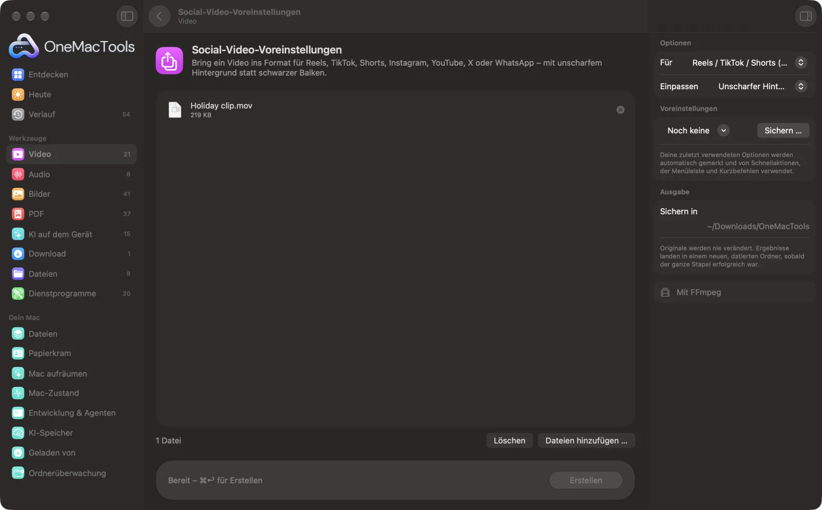 Social-Video-Voreinstellungen in OneMacTools mit geladenen Beispieldateien und geöffnetem Optionsbereich