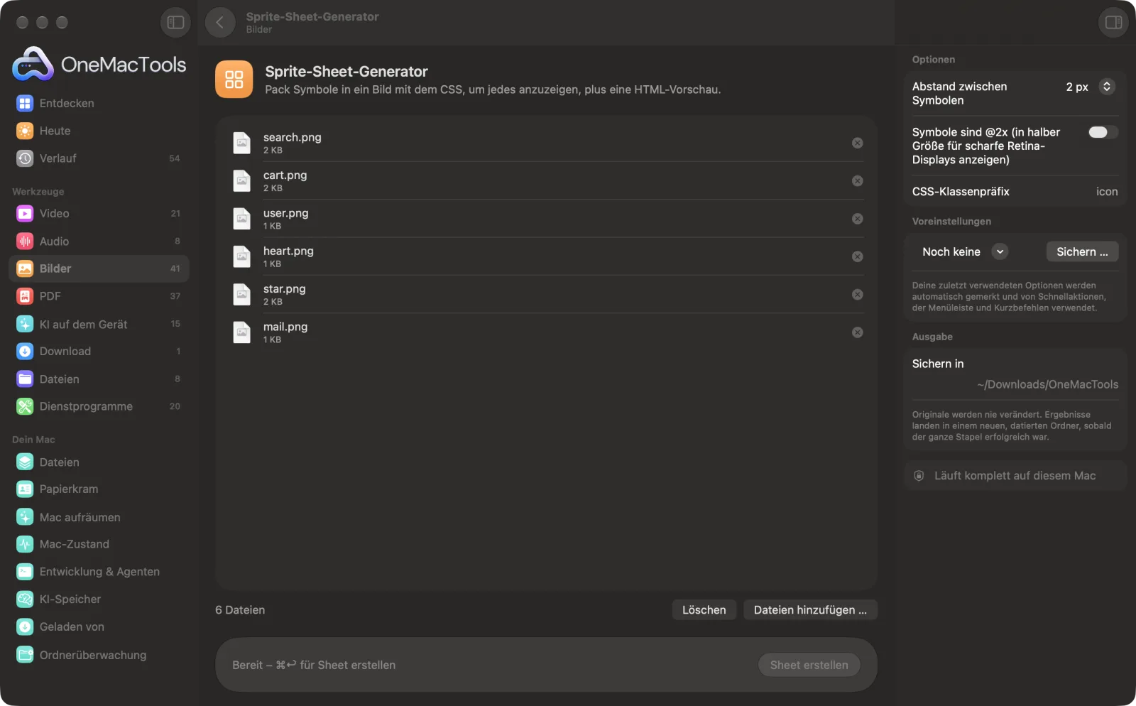 Sprite-Sheet-Generator in OneMacTools auf einem Mac, mit Beispieldateien und seinen Optionen