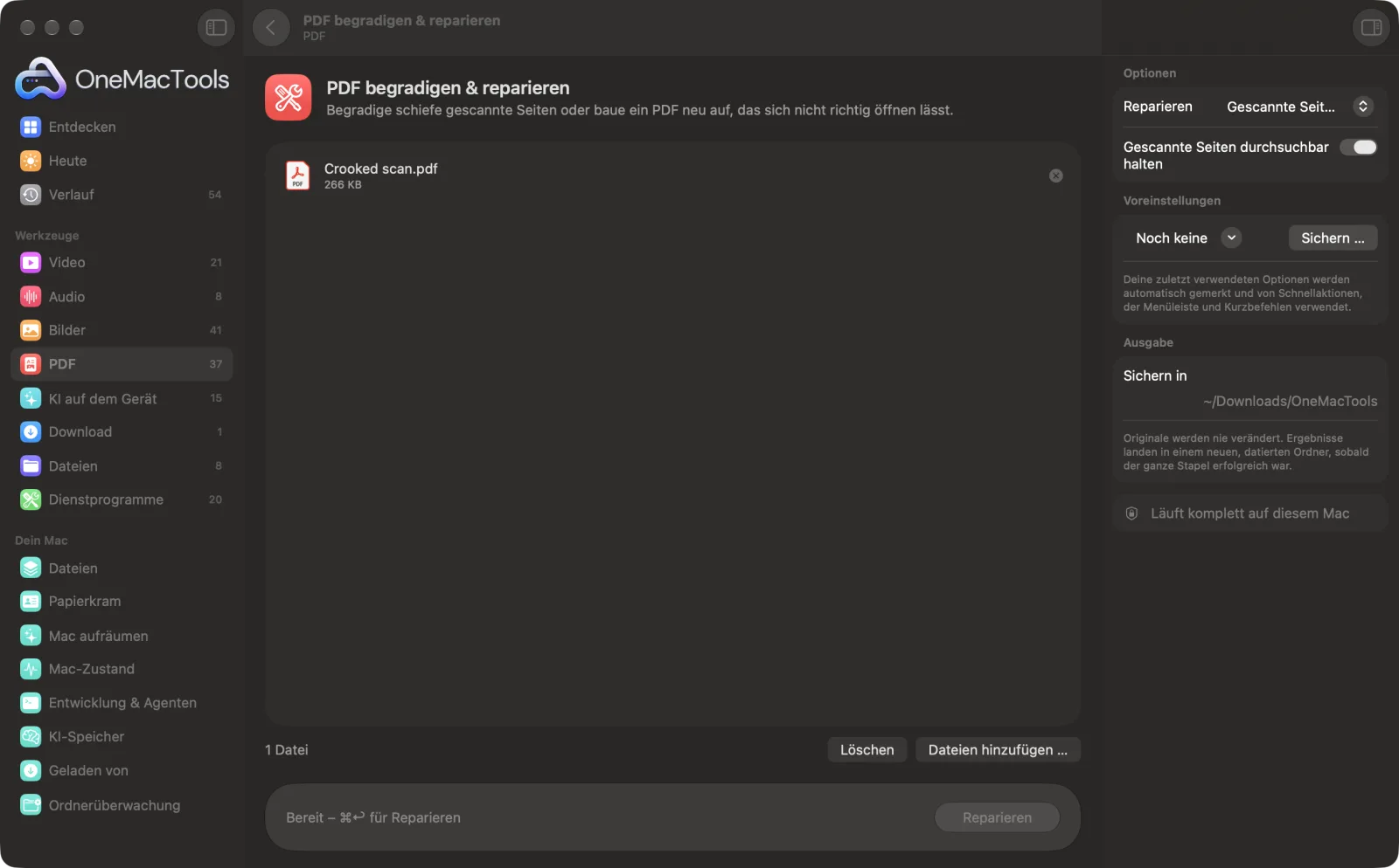 PDF begradigen & reparieren in OneMacTools auf einem Mac, mit Beispieldateien und seinen Optionen