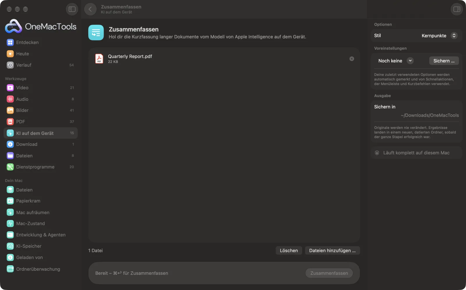 Zusammenfassen in OneMacTools auf einem Mac, mit Beispieldateien und seinen Optionen