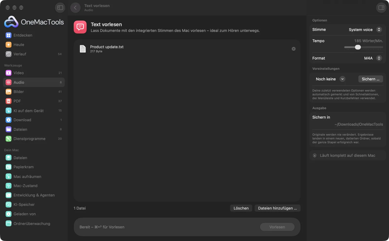 Text vorlesen in OneMacTools auf einem Mac, mit Beispieldateien und seinen Optionen