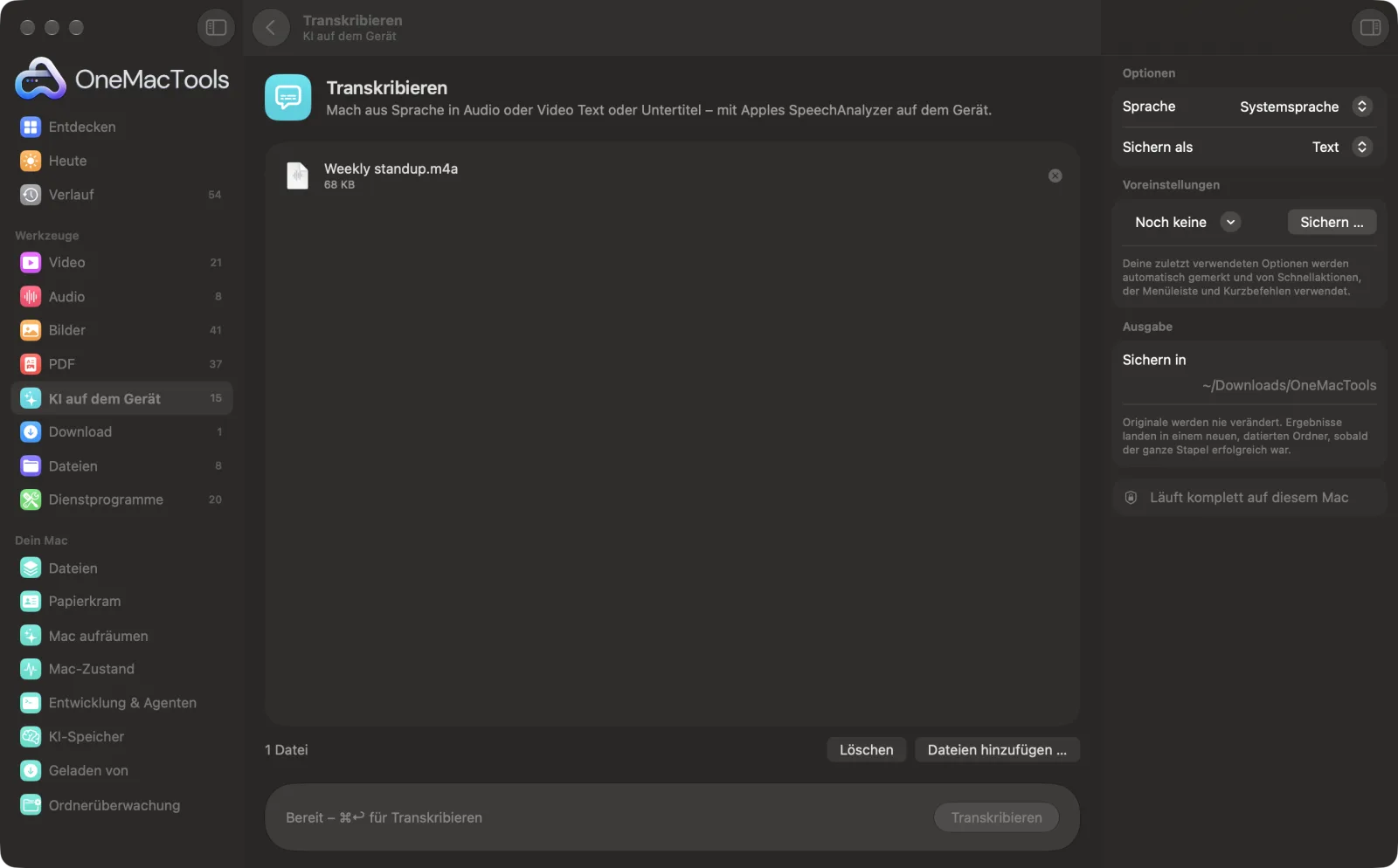 Transkribieren in OneMacTools mit geladenen Beispieldateien und geöffnetem Optionsbereich