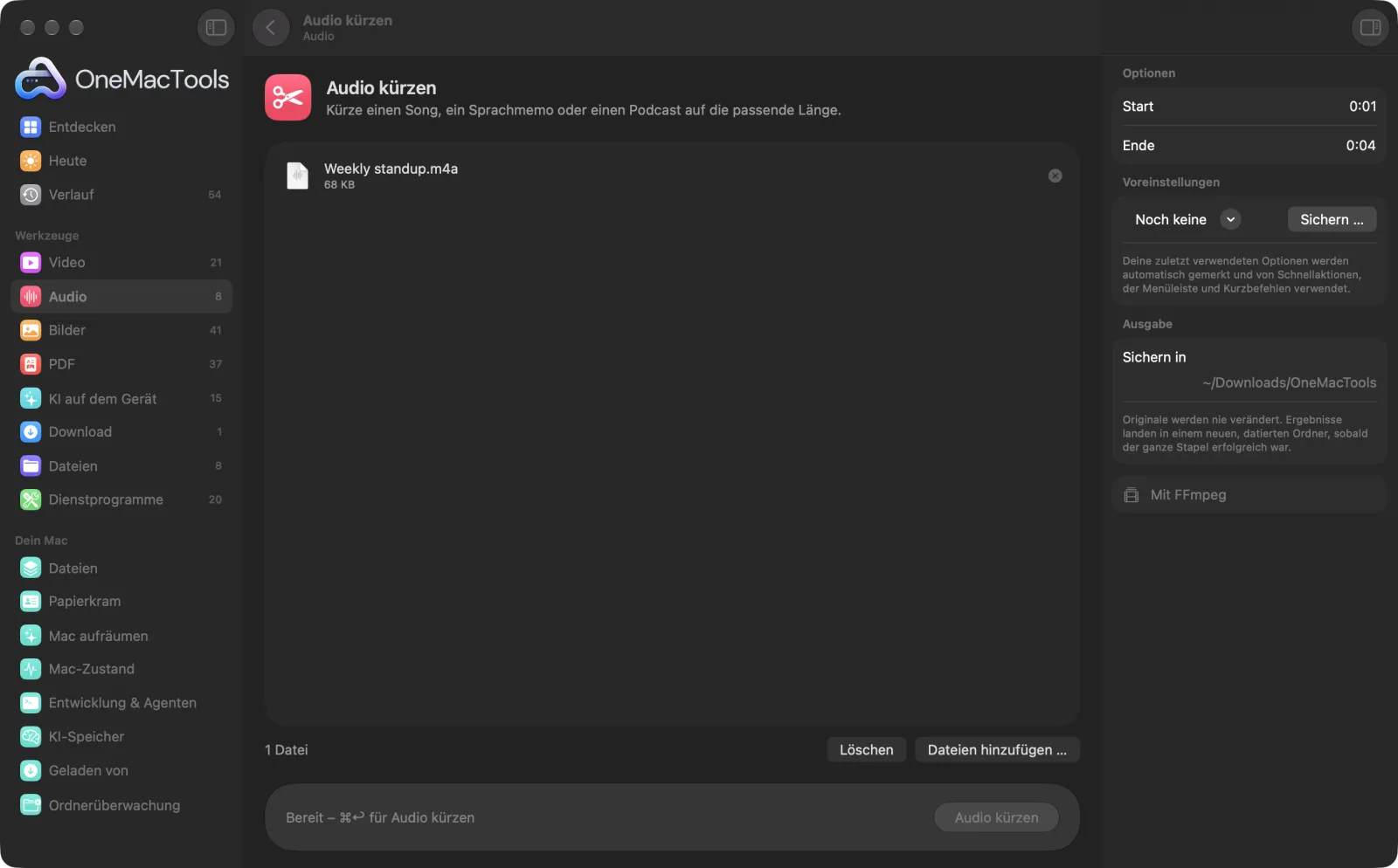 Audio kürzen in OneMacTools auf einem Mac, mit Beispieldateien und seinen Optionen