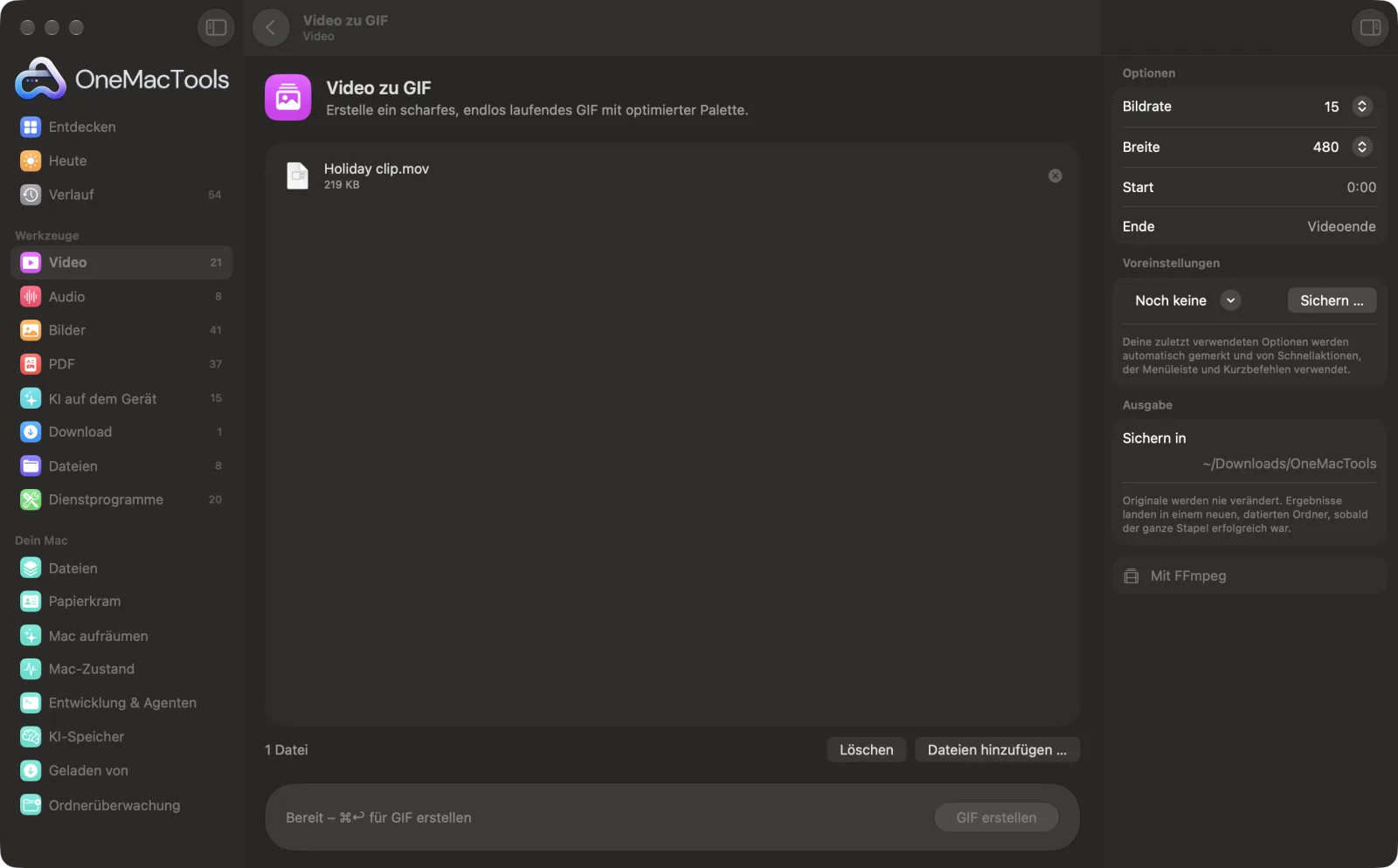 Video zu GIF in OneMacTools auf einem Mac, mit Beispieldateien und seinen Optionen