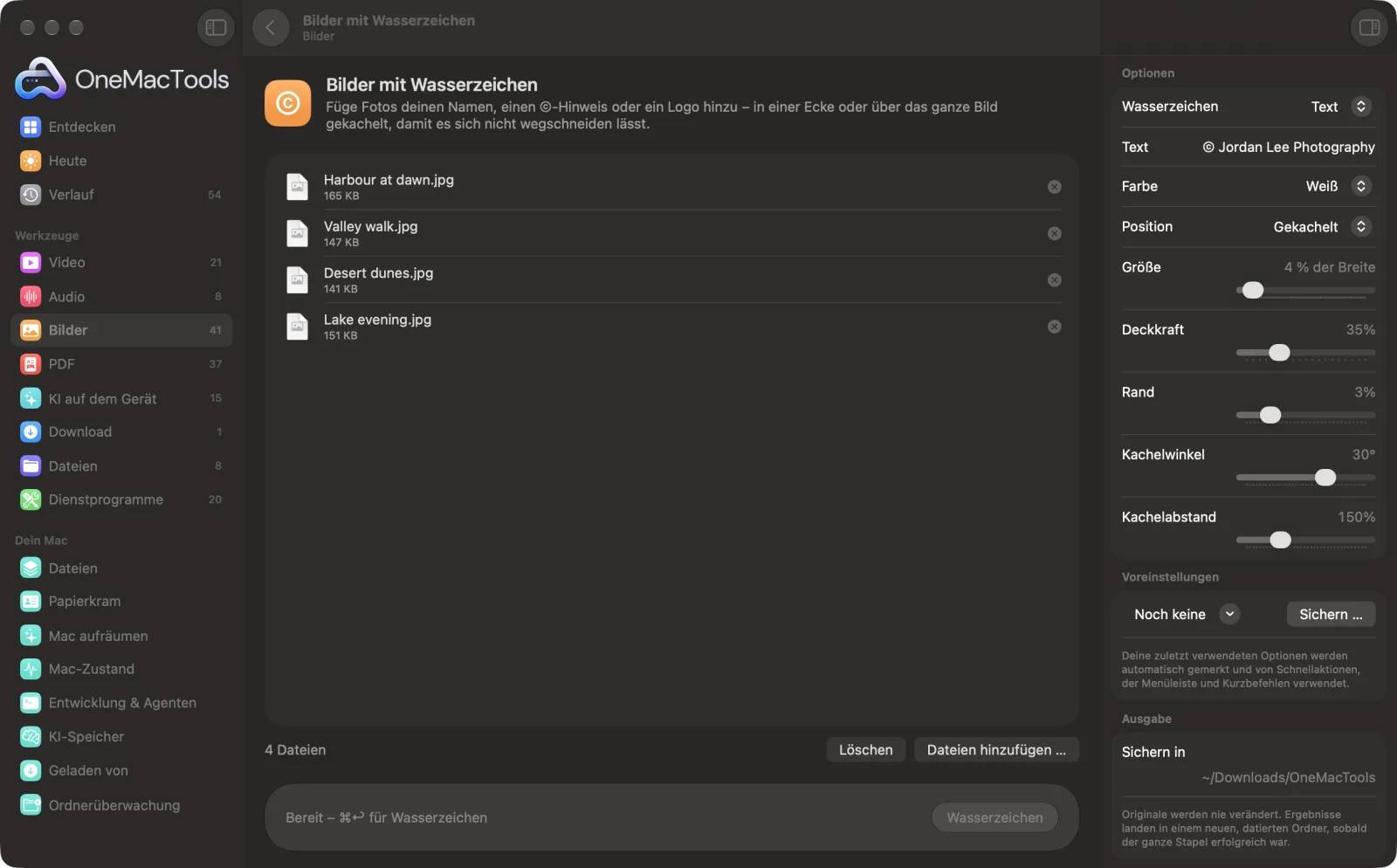 Bilder mit Wasserzeichen in OneMacTools auf einem Mac, mit Beispieldateien und seinen Optionen