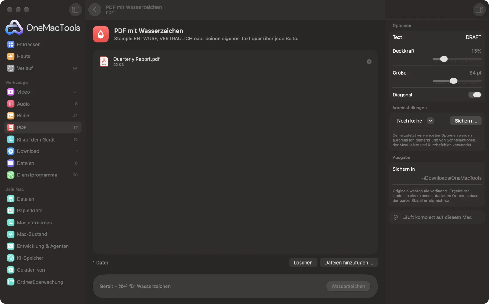 PDF mit Wasserzeichen in OneMacTools auf einem Mac, mit Beispieldateien und seinen Optionen