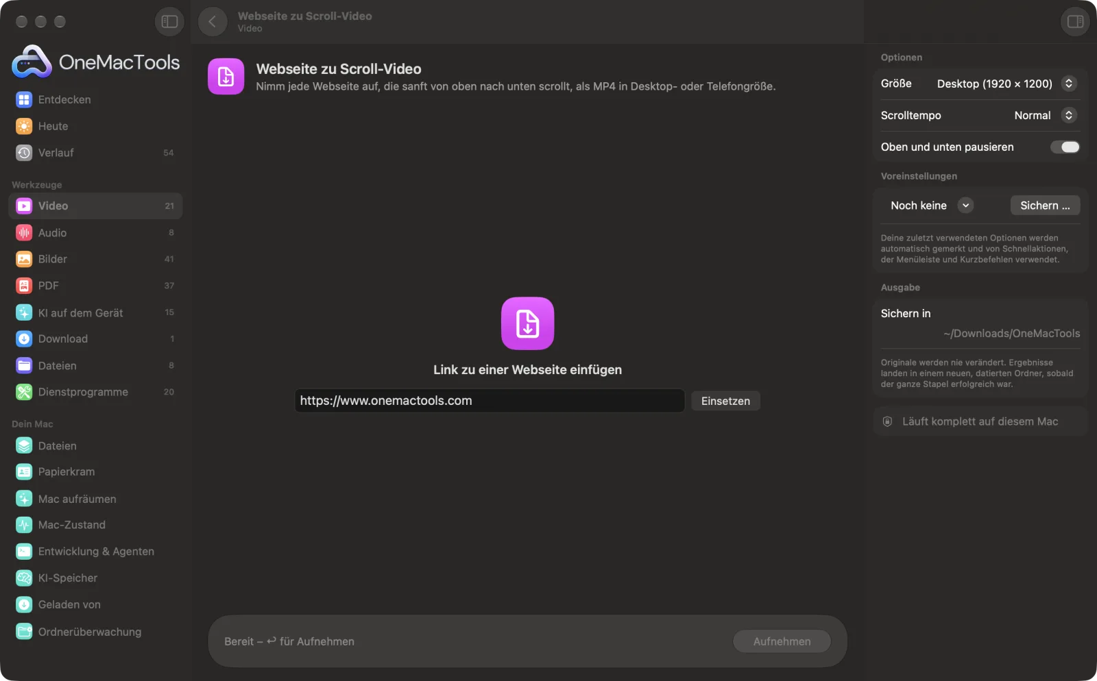 Webseite zu Scroll-Video in OneMacTools auf einem Mac, mit Beispieldateien und seinen Optionen