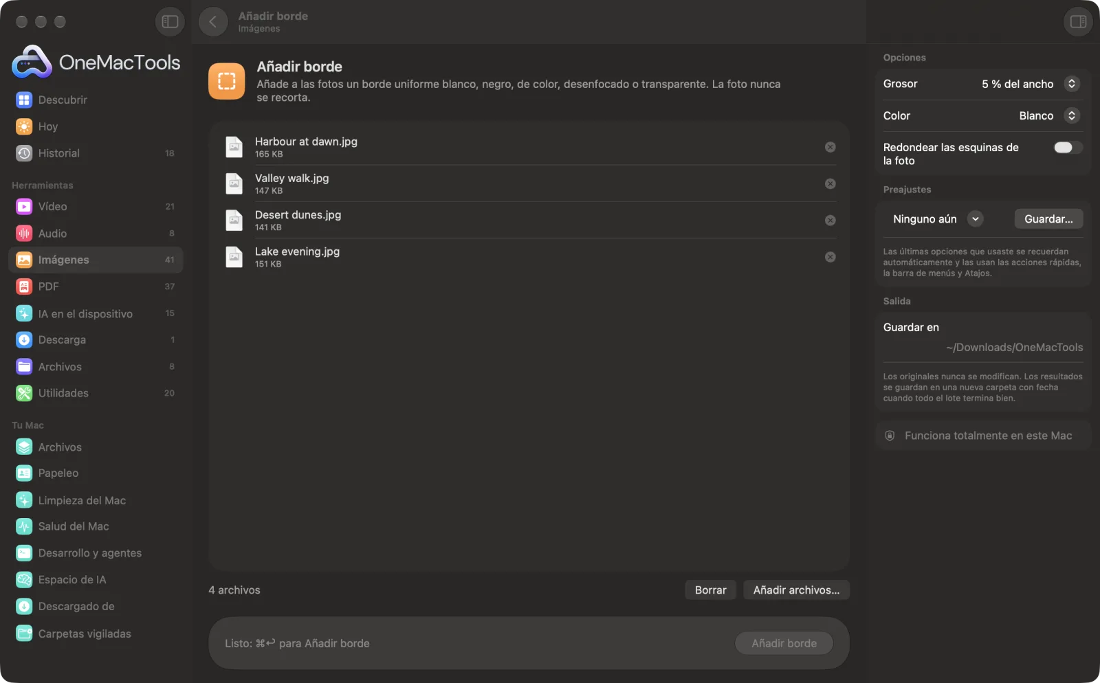 Añadir borde en OneMacTools en un Mac, con archivos de ejemplo y sus opciones