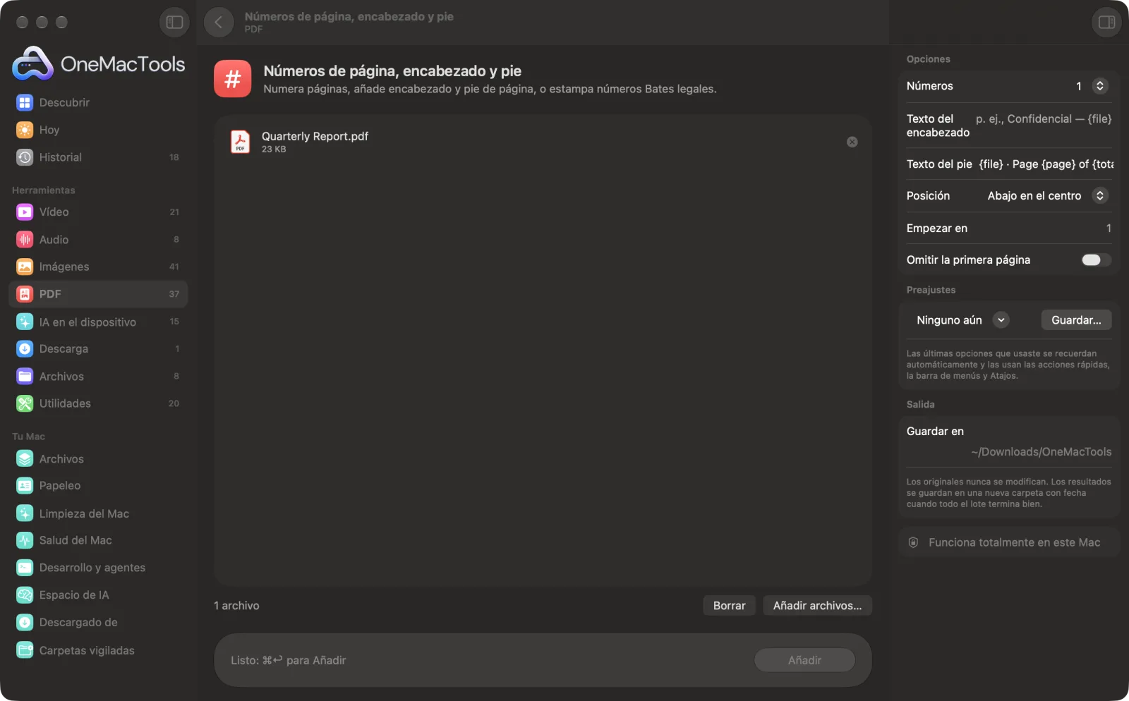 Números de página, encabezado y pie en OneMacTools en un Mac, con archivos de ejemplo y sus opciones