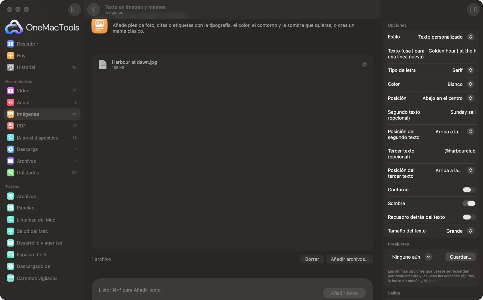 Texto en imagen y memes en OneMacTools con archivos de ejemplo cargados y el panel de opciones abierto