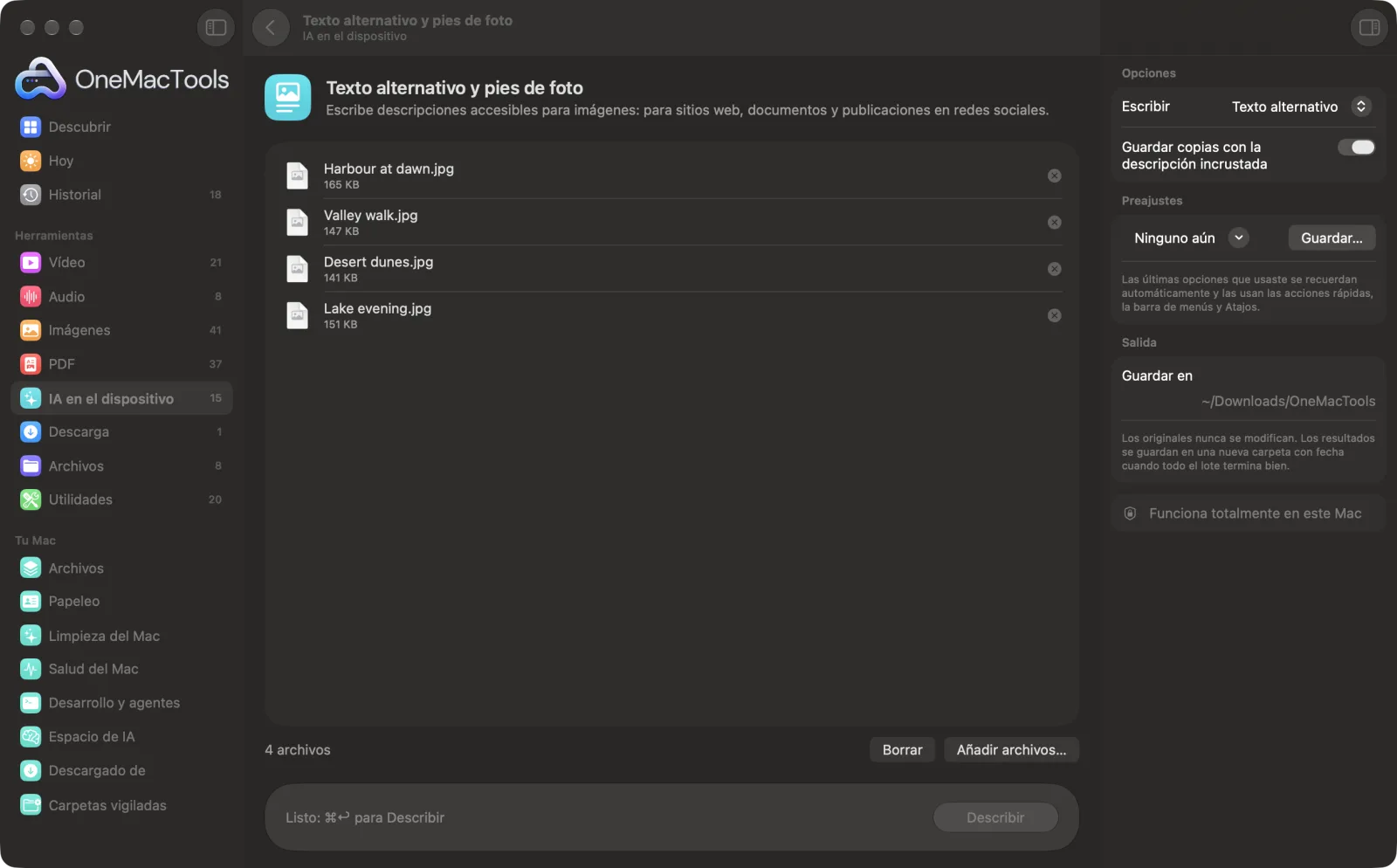 Texto alternativo y pies de foto en OneMacTools en un Mac, con archivos de ejemplo y sus opciones