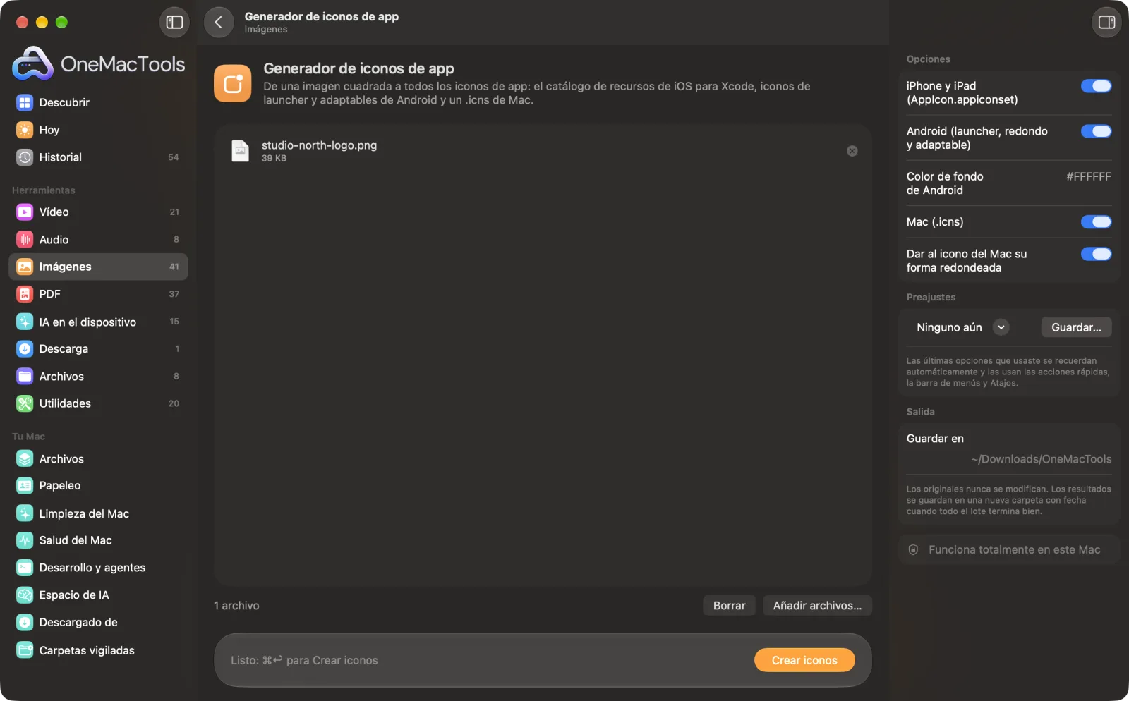 Generador de iconos de app en OneMacTools en un Mac, con archivos de ejemplo y sus opciones