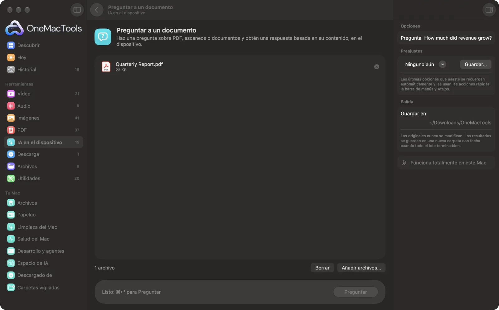 Preguntar a un documento en OneMacTools en un Mac, con archivos de ejemplo y sus opciones