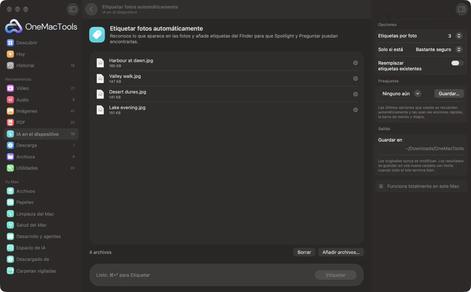 Etiquetar fotos automáticamente en OneMacTools en un Mac, con archivos de ejemplo y sus opciones