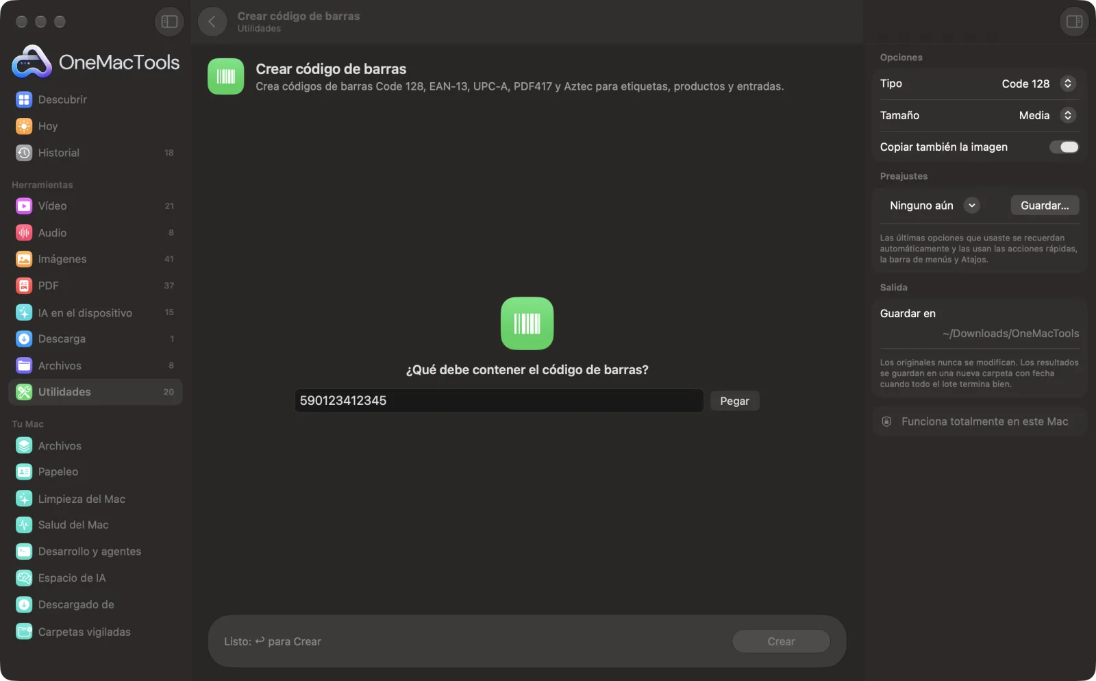 Crear código de barras en OneMacTools con archivos de ejemplo cargados y el panel de opciones abierto