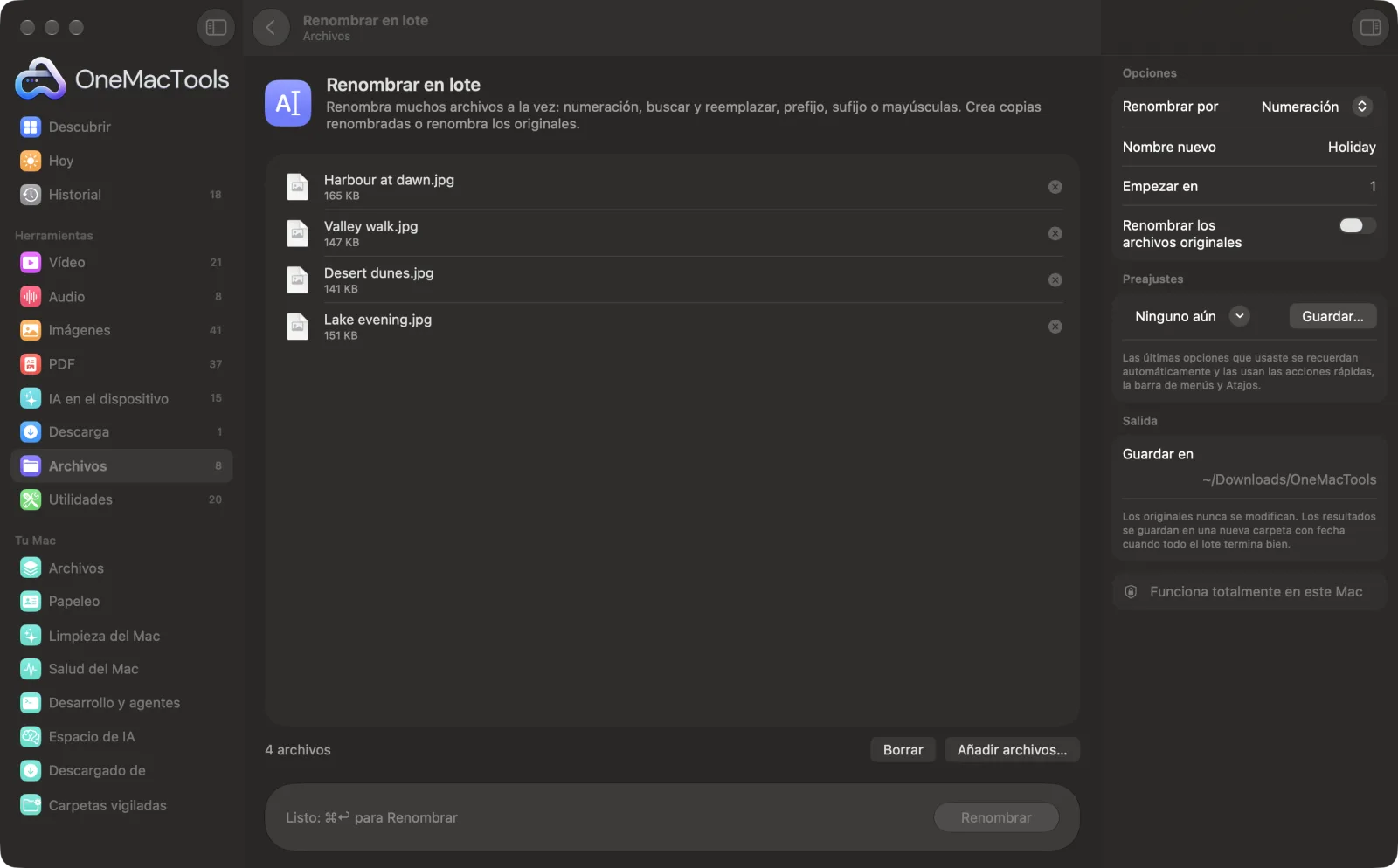 Renombrar en lote en OneMacTools en un Mac, con archivos de ejemplo y sus opciones