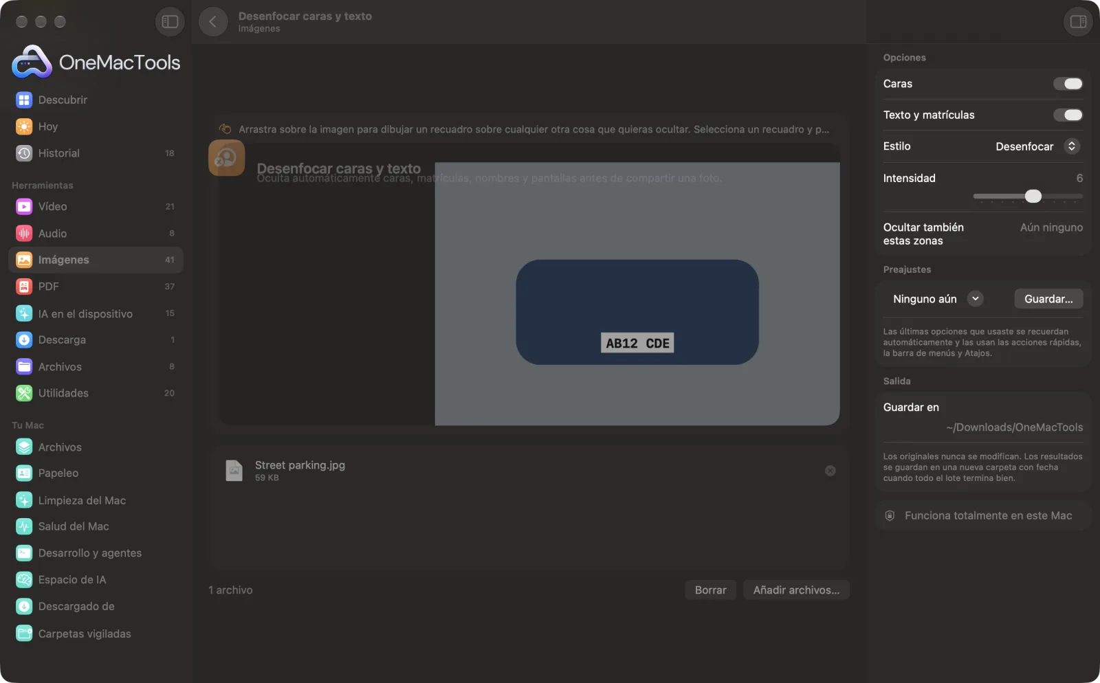 Desenfocar caras y texto en OneMacTools en un Mac, con archivos de ejemplo y sus opciones