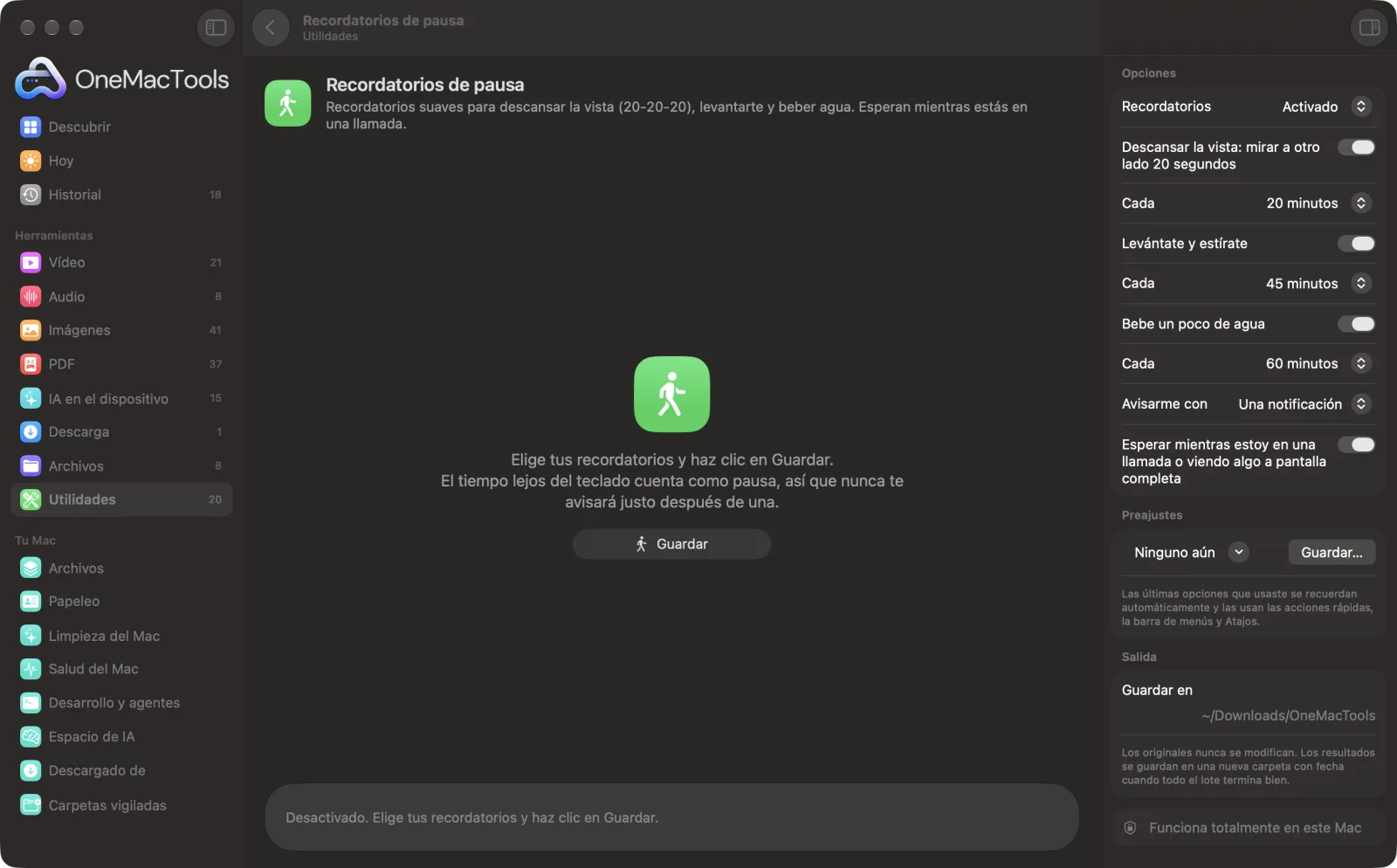 Recordatorios de pausa en OneMacTools en un Mac, con archivos de ejemplo y sus opciones