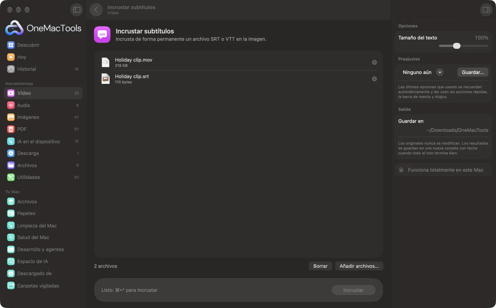 Incrustar subtítulos en OneMacTools en un Mac, con archivos de ejemplo y sus opciones