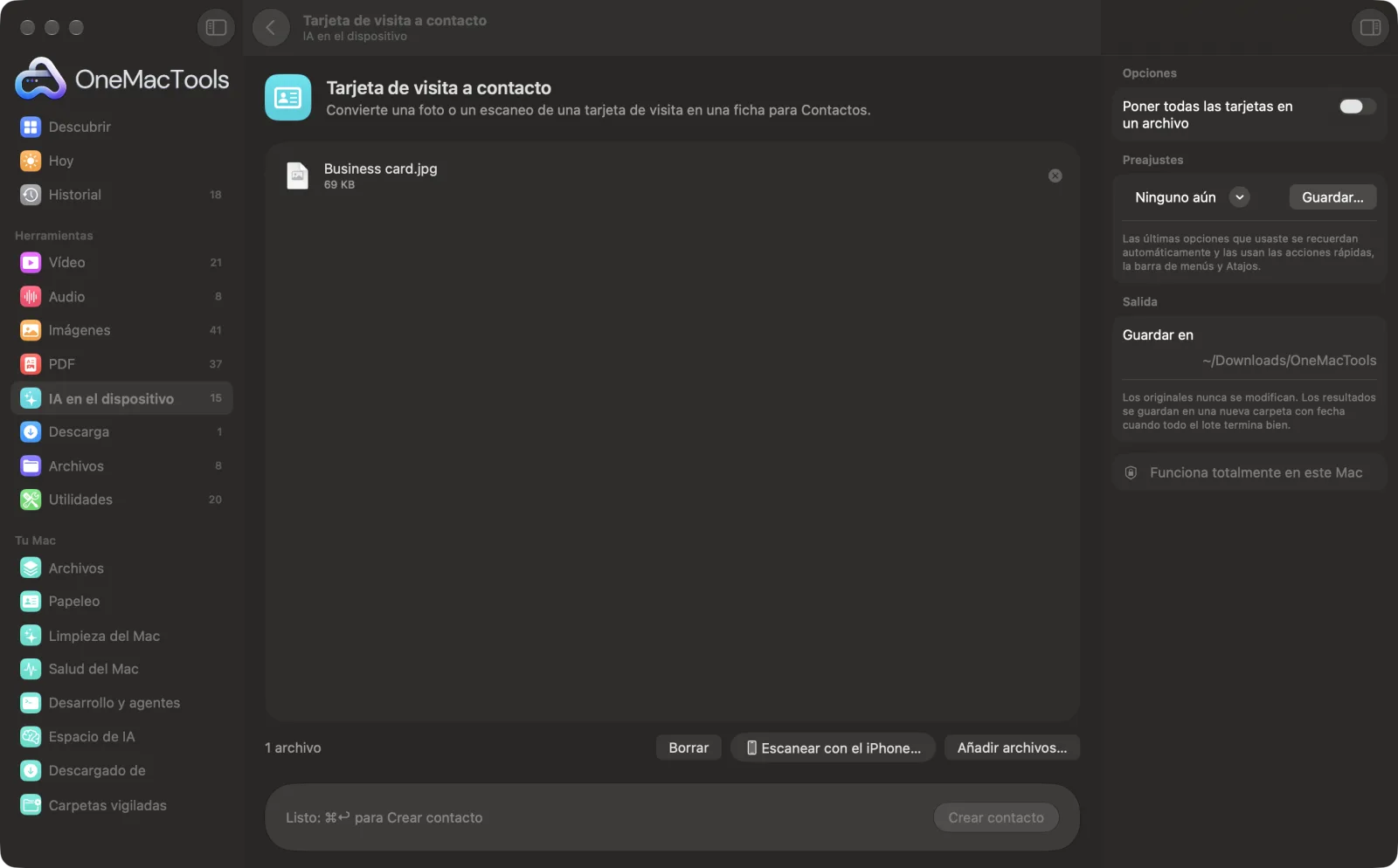 Tarjeta de visita a contacto en OneMacTools en un Mac, con archivos de ejemplo y sus opciones