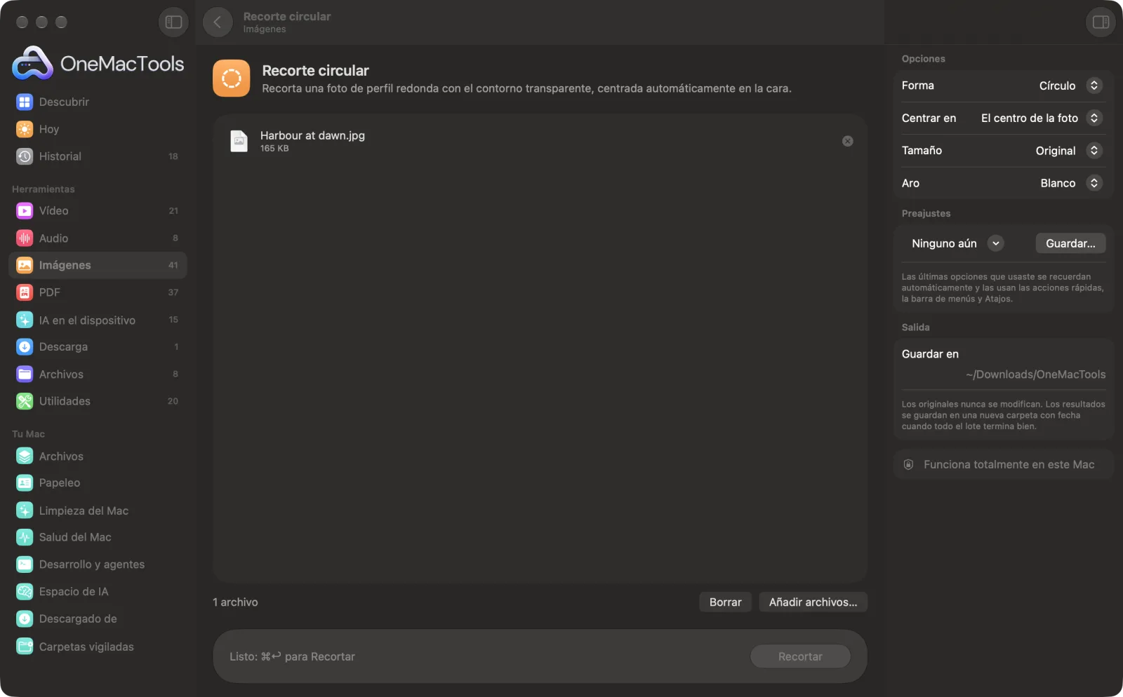 Recorte circular en OneMacTools en un Mac, con archivos de ejemplo y sus opciones