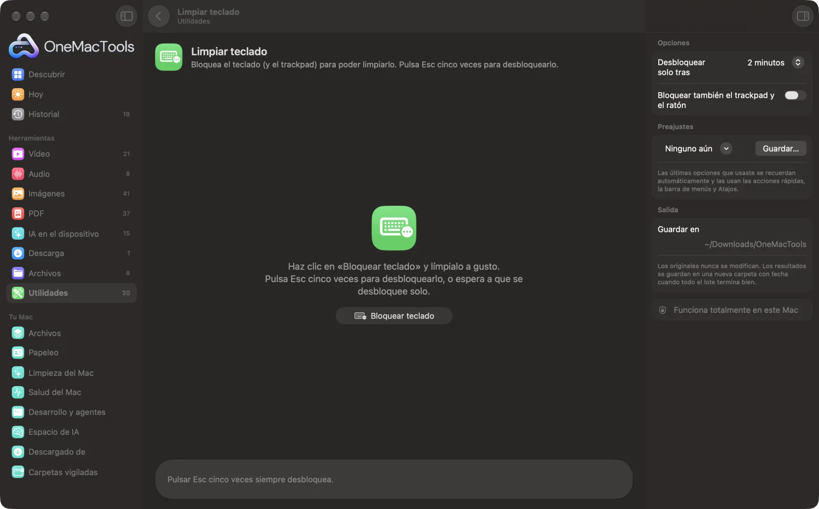 Limpiar teclado en OneMacTools en un Mac, con archivos de ejemplo y sus opciones