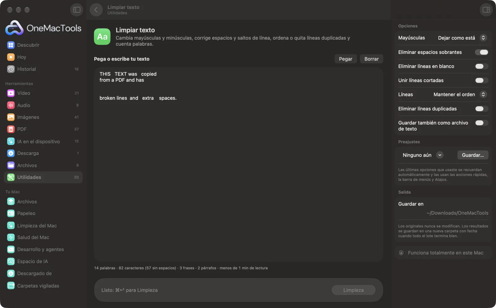 Limpiar texto en OneMacTools con archivos de ejemplo cargados y el panel de opciones abierto