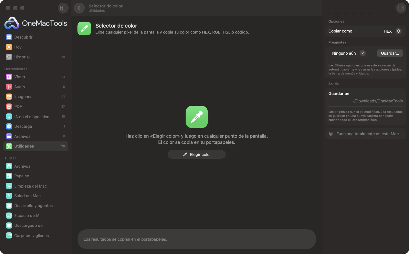 Selector de color en OneMacTools en un Mac, con archivos de ejemplo y sus opciones