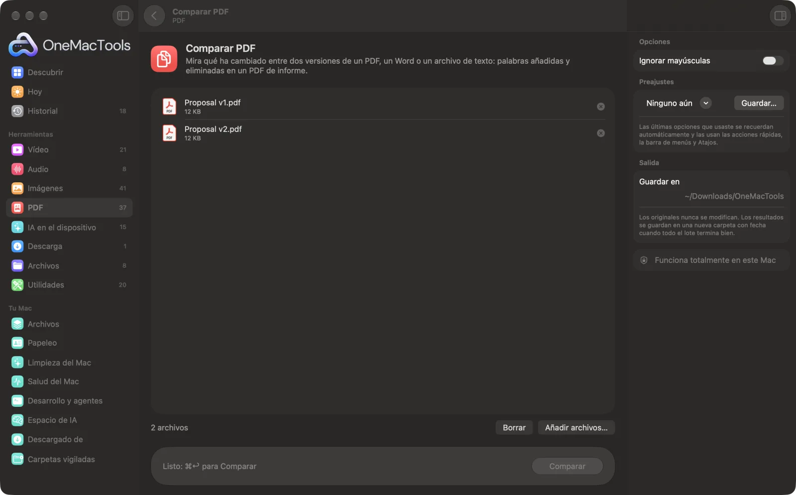 Comparar PDF en OneMacTools en un Mac, con archivos de ejemplo y sus opciones