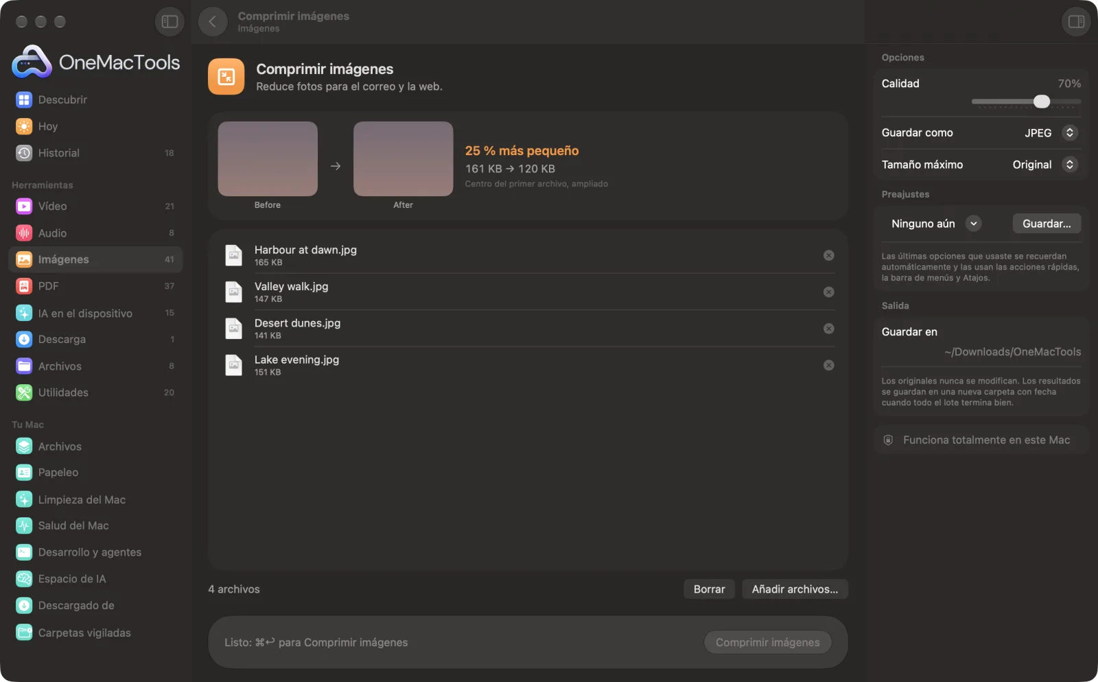 Comprimir imágenes en OneMacTools en un Mac, con archivos de ejemplo y sus opciones