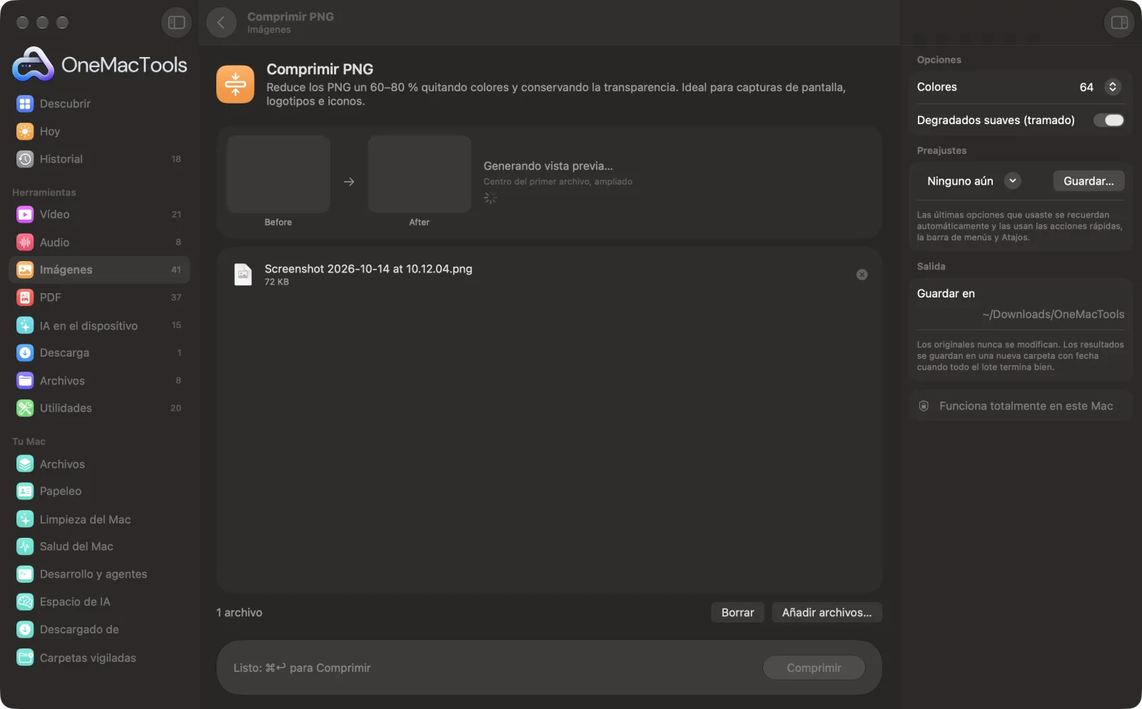 Comprimir PNG en OneMacTools en un Mac, con archivos de ejemplo y sus opciones