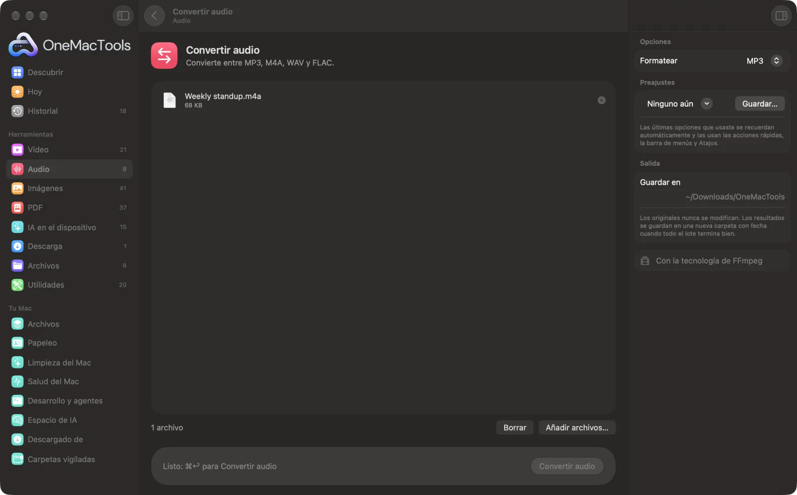 Convertir audio en OneMacTools en un Mac, con archivos de ejemplo y sus opciones