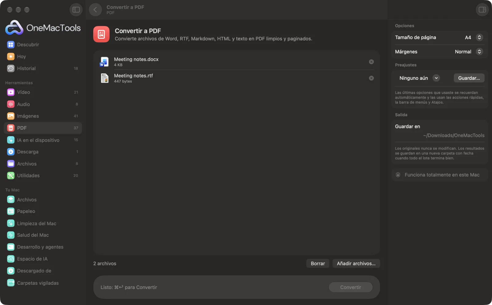Convertir a PDF en OneMacTools en un Mac, con archivos de ejemplo y sus opciones