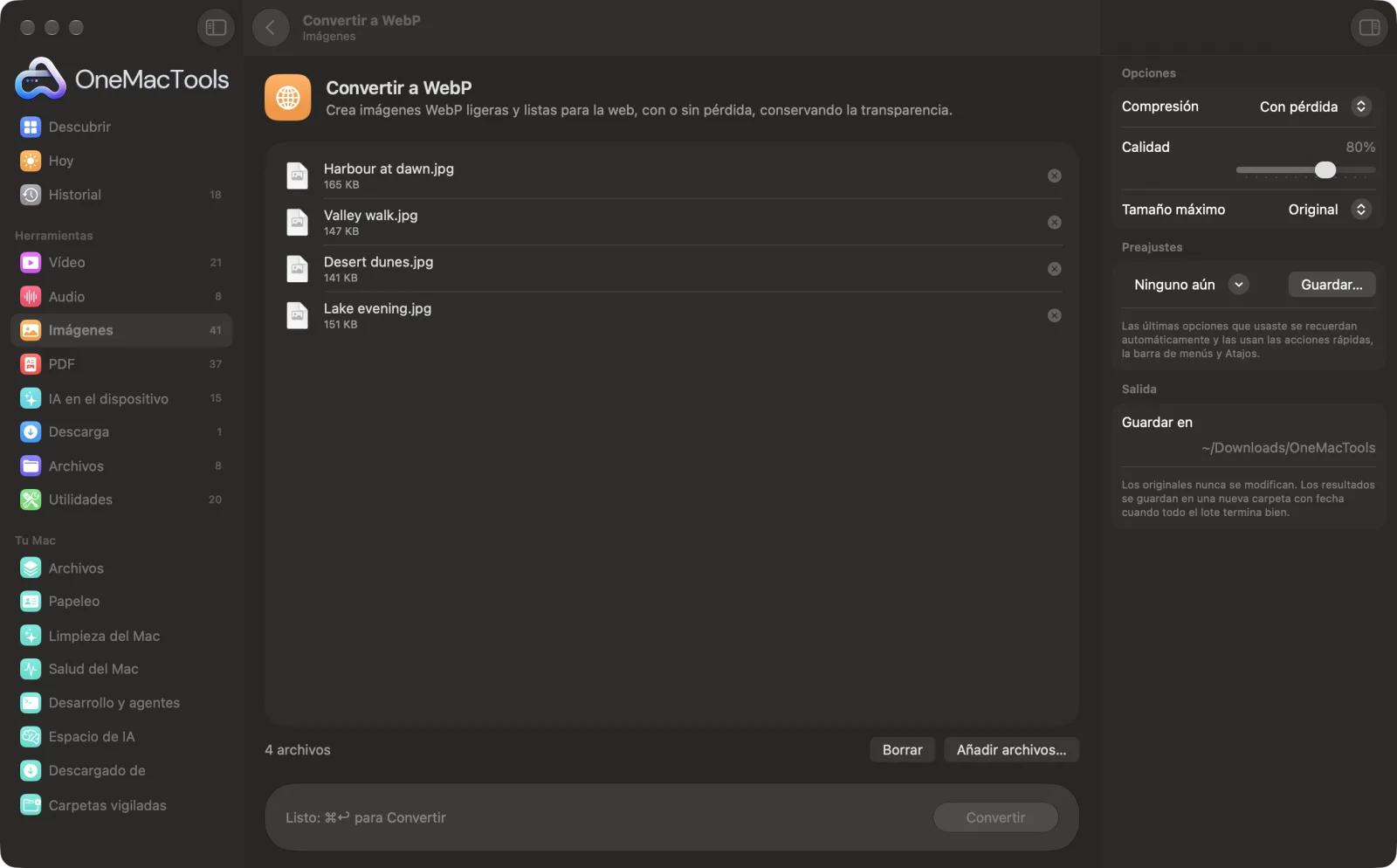 Convertir a WebP en OneMacTools en un Mac, con archivos de ejemplo y sus opciones