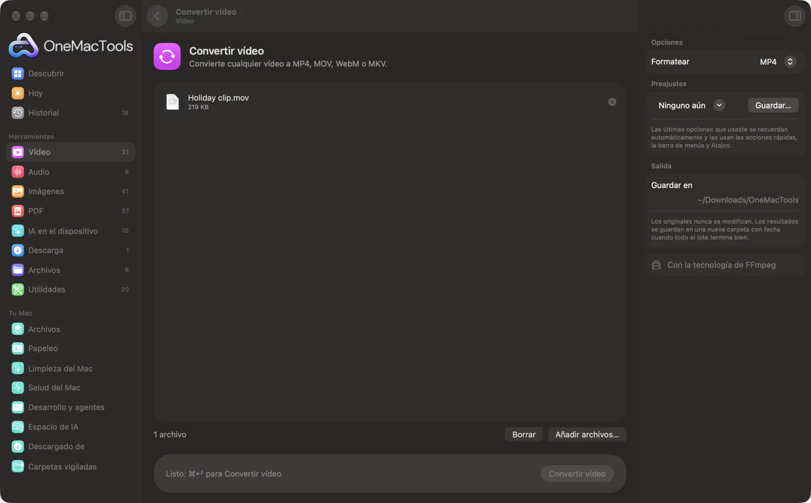 Convertir vídeo en OneMacTools en un Mac, con archivos de ejemplo y sus opciones