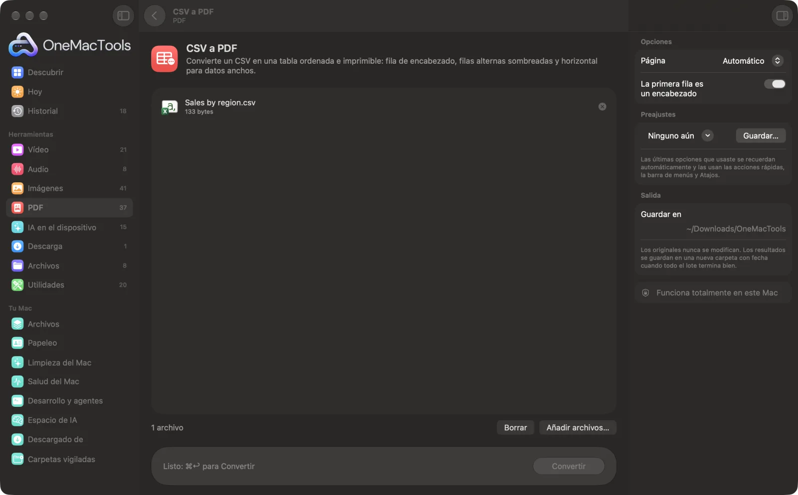 CSV a PDF en OneMacTools en un Mac, con archivos de ejemplo y sus opciones