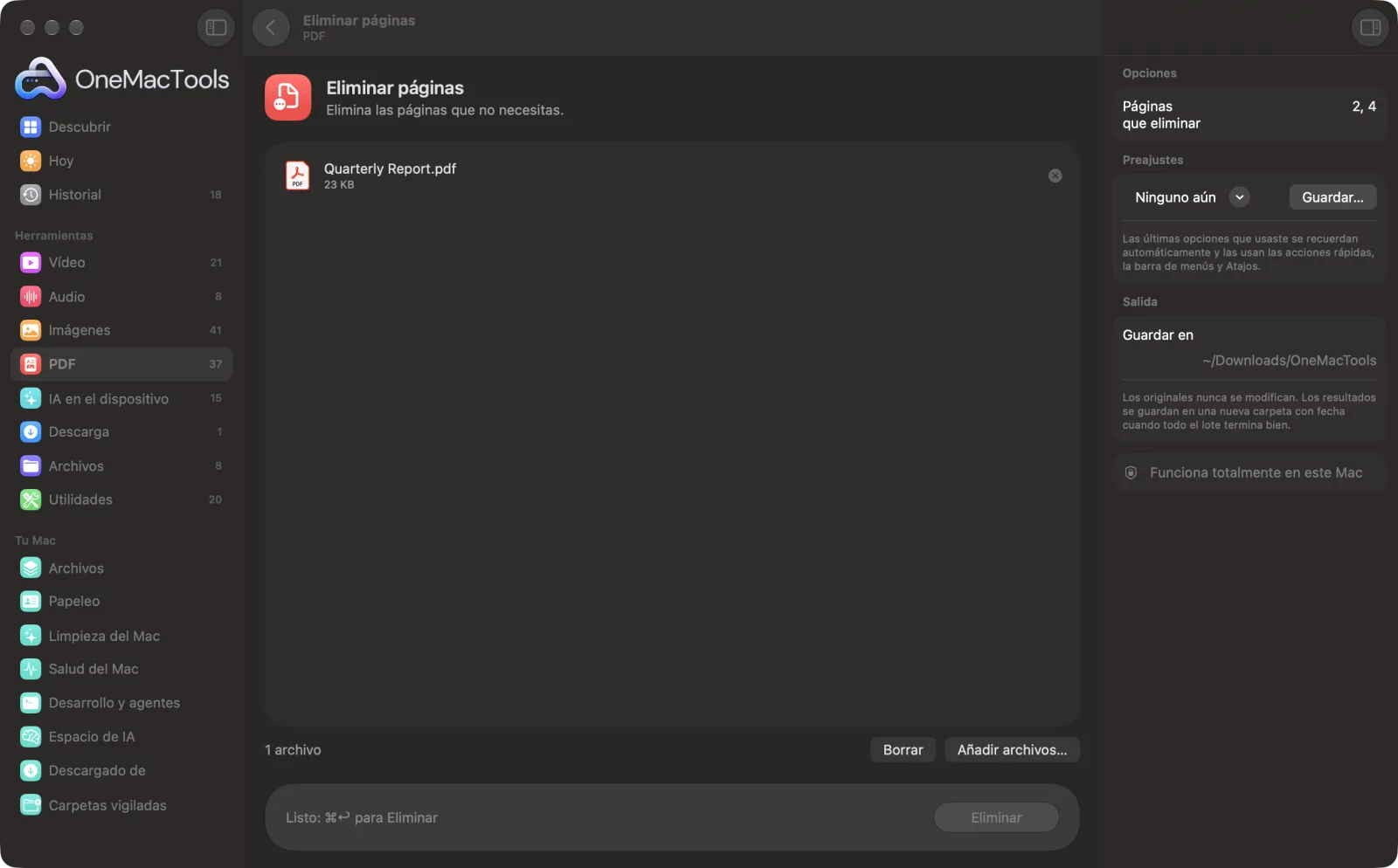 Eliminar páginas en OneMacTools en un Mac, con archivos de ejemplo y sus opciones
