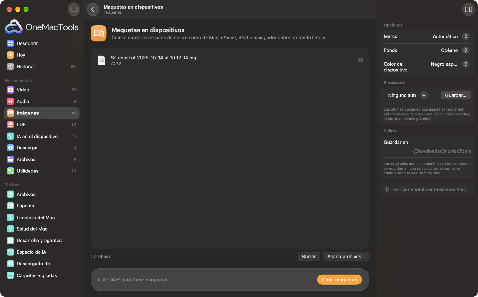 Maquetas en dispositivos en OneMacTools en un Mac, con archivos de ejemplo y sus opciones